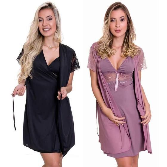 Imagem de KIT 2 Camisolas Amamentação Gestante com Robe Maternidade Estilo Sedutor - ES206-207-V02