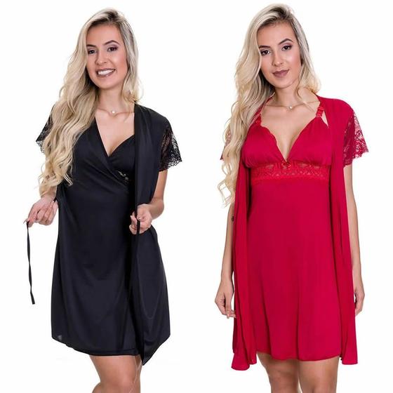 Imagem de KIT 2 Camisolas Amamentação Gestante com Robe Maternidade Estilo Sedutor - V03