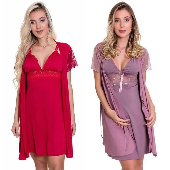Imagem de KIT 2 Camisolas Amamentação Gestante com Robe Maternidade Estilo Sedutor - V15