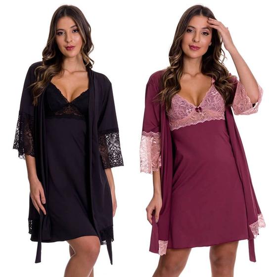 Imagem de KIT 2 Camisolas Amamentação Gestante com Robe Maternidade Pijama Amamentar Estilo Sedutor - V79