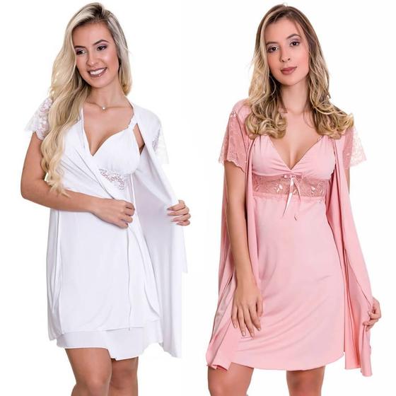 Imagem de KIT 2 Camisolas Amamentação Maternidade com Robe Pós Parto Estilo Sedutor - V08