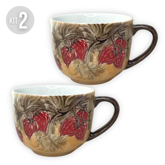 Imagem de KIT 2 Caneca Jumbo 500 ml Consumê de Porcelana Xícara Grande Pintada à Mão FRUTAS MORANGOS VERMELHOS