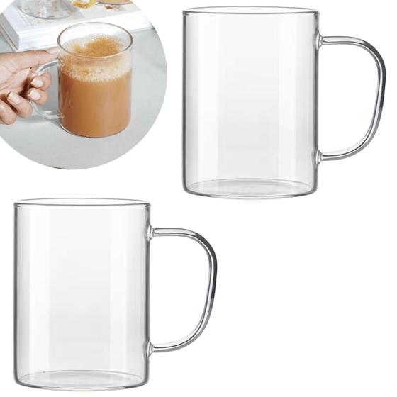 Imagem de Kit 2 Canecas Diferenciadas Grande 300ml DE Vidro Transparente - Copo Para Bebida Quente E Fria Café Chá Suco E Drinks
