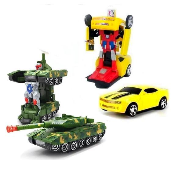 Imagem de Kit 2 Carrinhos que Transformam em Robô Tanque Militar e Camaro