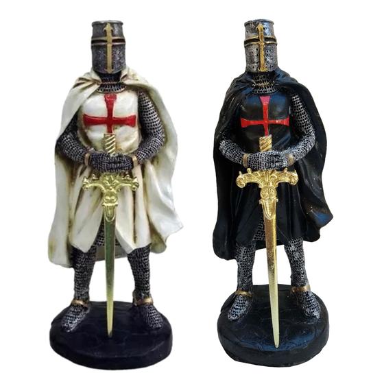 Imagem de Kit 2 Cavaleiros Templarios Medievais Branco e Preto Resina