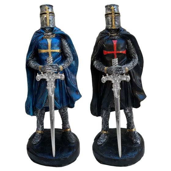 Imagem de Kit 2 Cavaleiros Templarios Medievais ul e Preto Resina