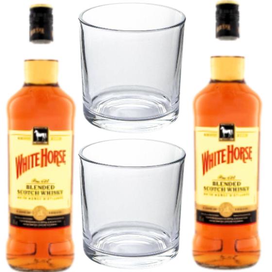Imagem de Kit 2 Cavalo Branco 1L cada acompanham 2 copos de whisky vidro