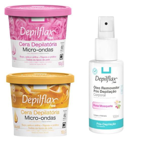 Imagem de Kit 2 Cera Quente Pronta Depilatória Depilação Corporal Facial Sobrancelha Micro-ondas + Óleo Removedor Depilflax