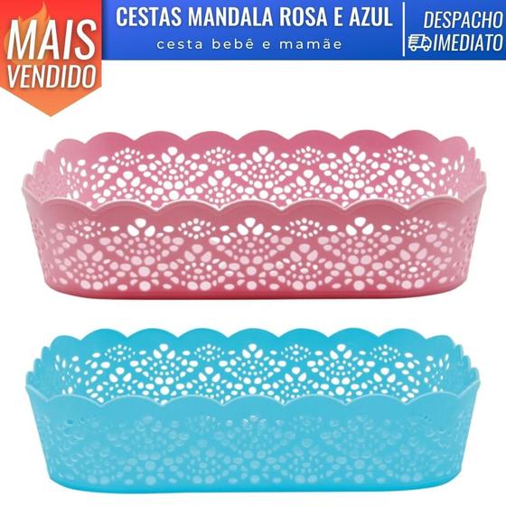 Imagem de Kit 2 Cesta Organizadora Rattan Mandala Mamãe Bebê M (28x20x6,5) Rosa e Azul