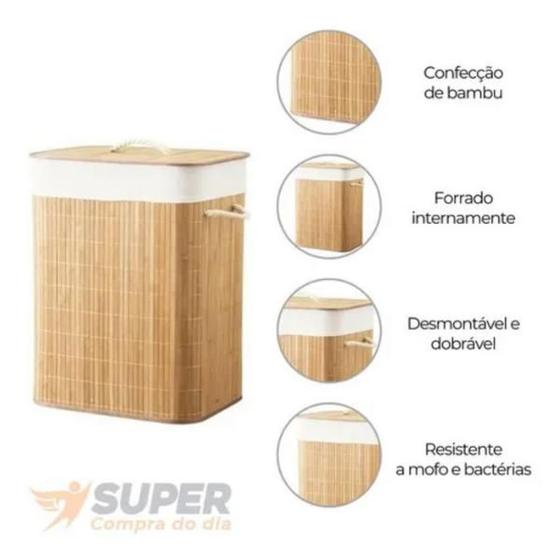 Imagem de Kit 2 Cesto de Roupa Suja Bambu Retangular Lavanderia Banheiro