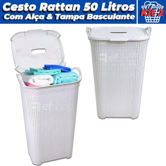 Imagem de Kit 2 Cesto Rattan com Tampa Basculada 50 Litros