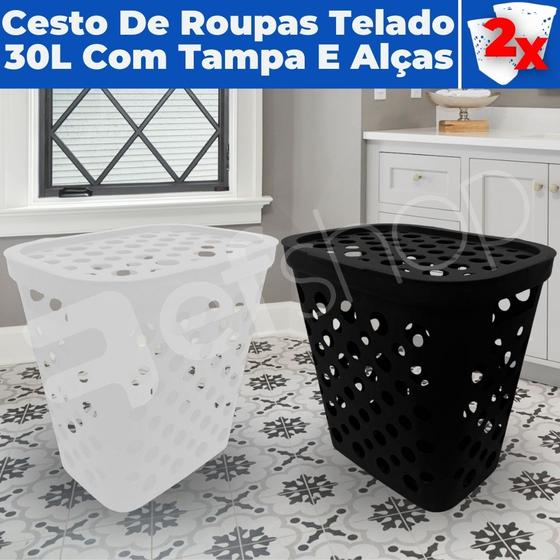 Imagem de Kit 2 Cestos De Roupa Suja 30 Litros Resistente Lavanderia Com Tampa e Alças