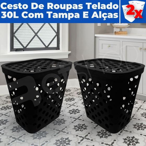 Imagem de Kit 2 Cestos De Roupa Suja 30 Litros Resistente Lavanderia Com Tampa e Alças