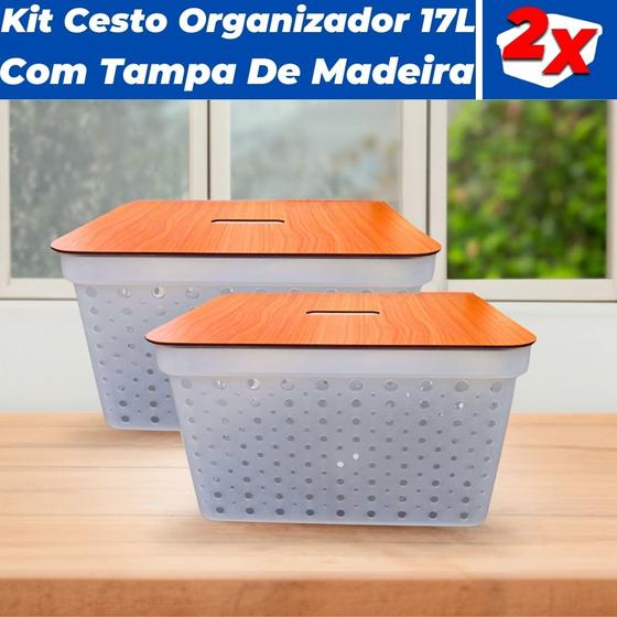 Imagem de Kit 2 Cestos Organizadores Armários Gavetas 17L Com Tampa De Madeira