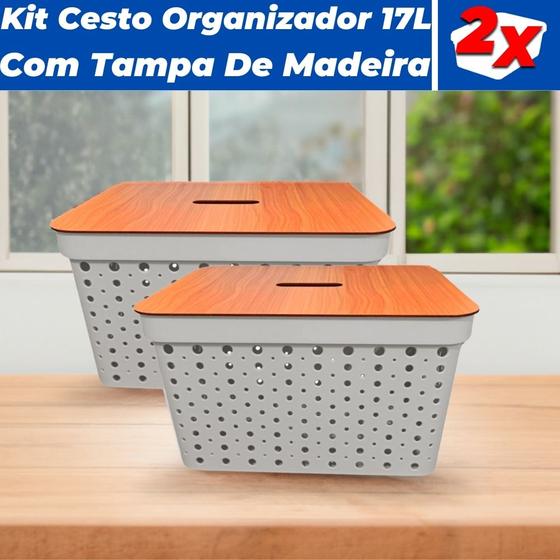 Imagem de Kit 2 Cestos Organizadores Armários Gavetas 17L Com Tampa De Madeira