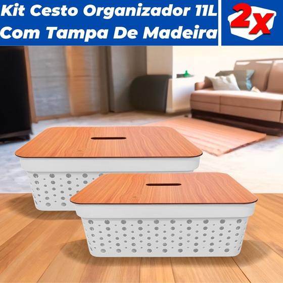 Imagem de Kit 2 Cestos Organizadores Rattan 11L C/ Tampa de Madeira