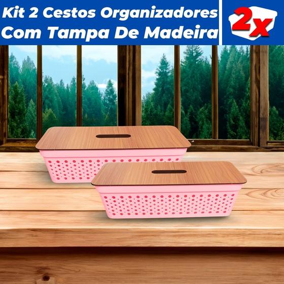 Imagem de Kit 2 Cestos Organizadores Rattan 3,6L C/ Tampa De Madeira