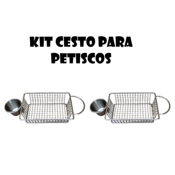 Imagem de Kit 2 Cestos para Petiscos Batata Frita Frituras Aço Inox com Copo Molheira Ketchup Maionese