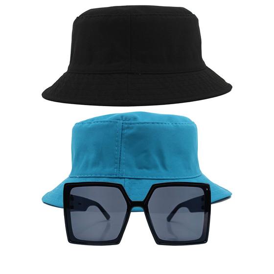 Imagem de Kit 2 Chapéus Bucket E Oculos De Sol De Sol Quadrado Grande MD-12