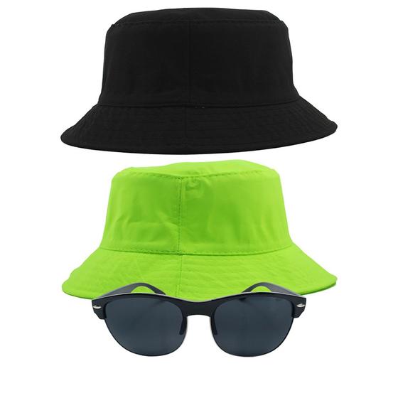 Imagem de Kit 2 Chapéus Bucket Hat E Oculos De Sol Oval Armação De Metal MD-13