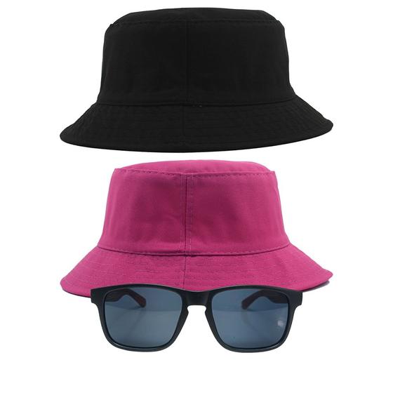Imagem de Kit 2 Chapéus Bucket Hat E Oculos De Sol Quadrado De Bambu MD-05