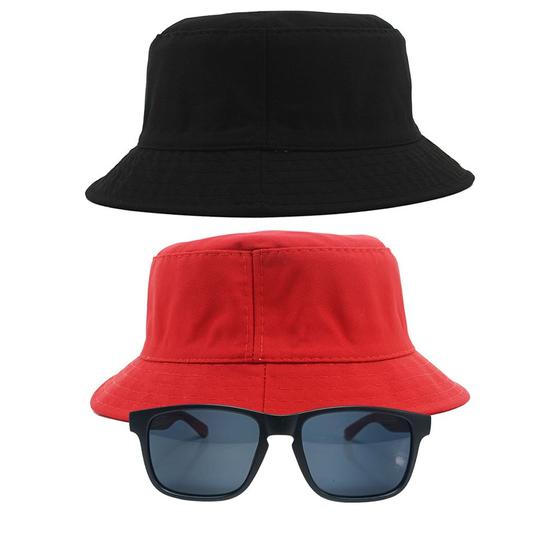 Imagem de Kit 2 Chapéus Bucket Hat E Oculos De Sol Quadrado De Bambu MD-05