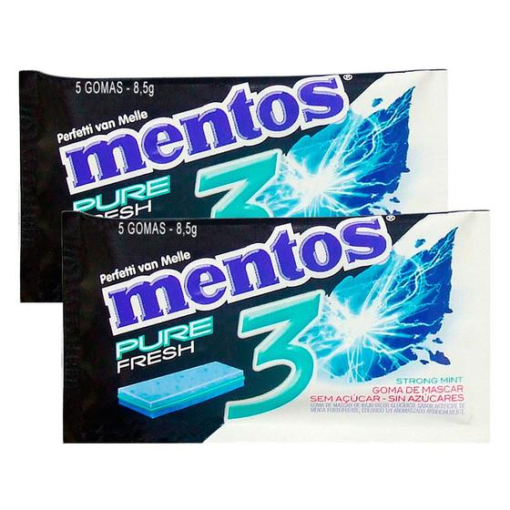 Imagem de Kit 2 Chiclete Mentos Pure Fresh 3 Sabor Strong Mint Sem Açúcar 8,5g com 5 Unidades