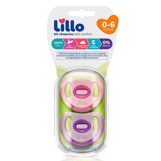 Imagem de Kit 2 Chupeta Lillo 100% Silicone Soft Comfort Tamanho 1 0 a 6 Meses Menina Rosa e Roxo Recém Nascido