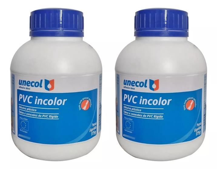 Imagem de Kit 2 Cola Cano Pvc Unecol Adesivo Plástico 175g Com Pincel Aplicador Secagem Rápida