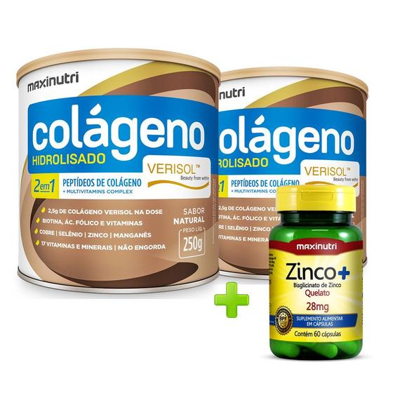 Imagem de Kit 2 Colageno Hidrolisado Verisol Natural 250g + Zinco Quelato