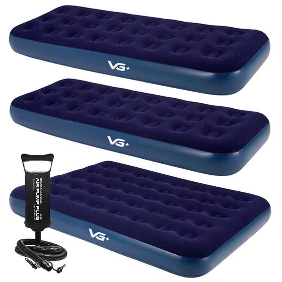 Imagem de Kit 2 Colchões Infláveis Solteiro + 1 Colchão Casal Flocked Comfort com Bomba Manual Vg Plus