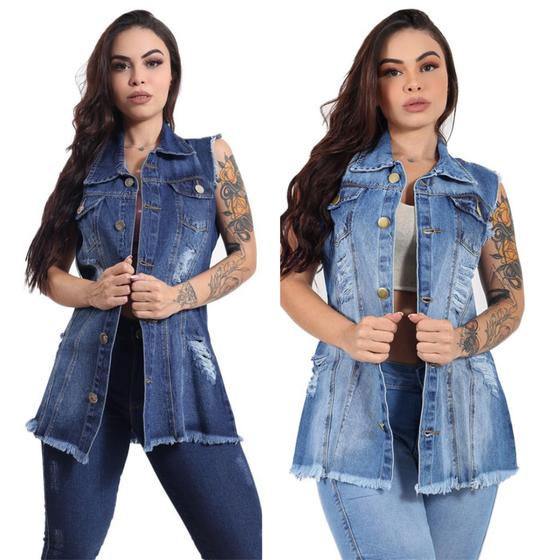 Imagem de Kit 2 Colete Jeans Feminino Atacado Adulto e Plus Size Destroyed