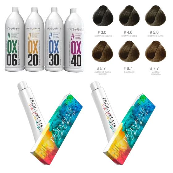 Imagem de Kit 2 Coloraçâo Cabelos Castanhos 60g + Ox 900ml