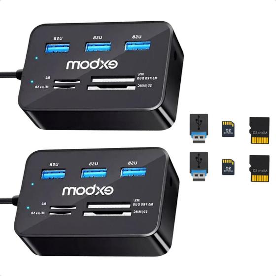 Imagem de Kit 2 Combo Hub Usb 7 Em 1 Exbom Leitor De Cartao De Memoria