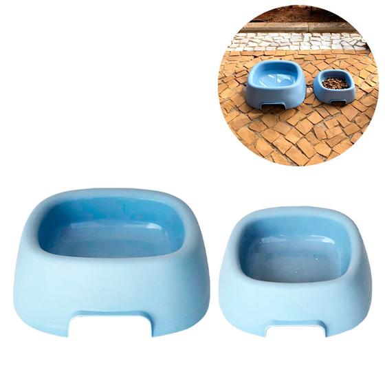 Imagem de Kit 2 comedouro e bebedouro para cães gatos grande pequeno porta ração água petisco vasilha pet azul