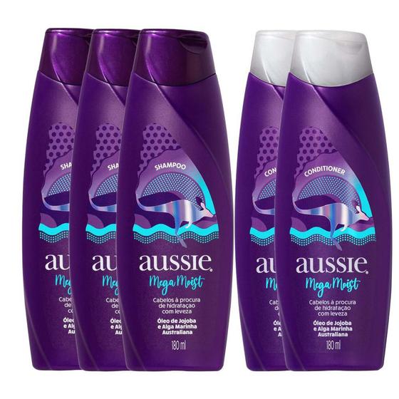 Imagem de Kit 2 Condicionadores Aussie Moist 180ml + 3 Shampoos Aussie Moist 180ml