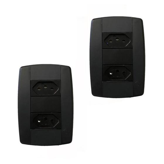 Imagem de Kit 2 Conjunto 2 Tomadas Preta Monobloco 2P+T 10A 250V 4x2