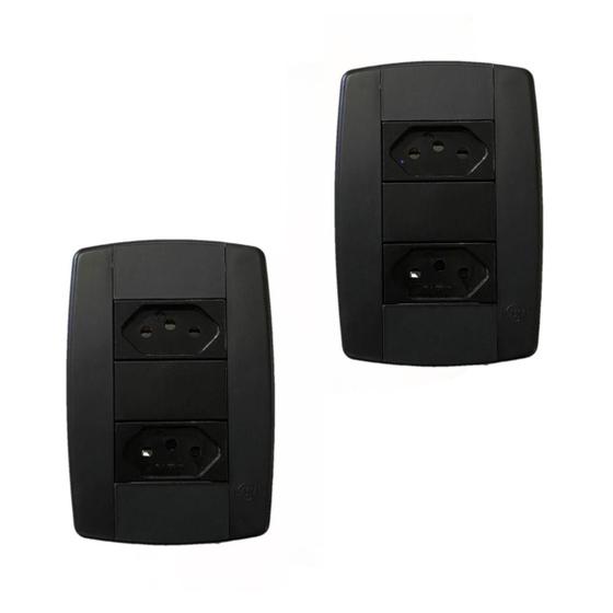Imagem de Kit 2 Conjunto 2 Tomadas Preta Monobloco 2P+T 10A 250V 4X2