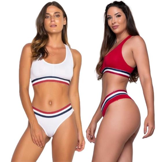 Imagem de Kit 2 Conjunto Academia Cropped E Calcinha Feminino Top Nadador Fitness Tanga Ginástica Conforto