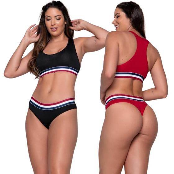 Imagem de Kit 2 Conjunto Academia Cropped E Calcinha Feminino Top Nadador Fitness Tanga Ginástica Conforto