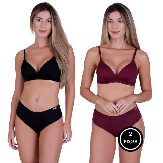 Imagem de Kit 2 Conjunto Conforto Sutiã Bojo Flex e Calcinha Microfibra - c15 KIT 2 MARAVILHA PRETO E VINHO