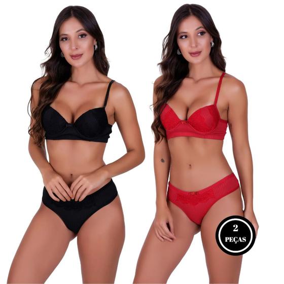 Imagem de Kit 2 Conjunto de Lingerie com Bojo Tecido Canelado Renda - KIT 2 NÁDIA PRETO E VERMELHO