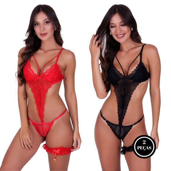 Imagem de Kit 2 Conjunto de Lingerie com Strappy e Renda Body com Perneira - c6 KIT 2 RENATA PRETO VERMELHO