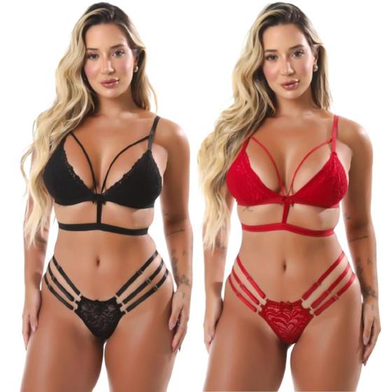 Imagem de Kit 2 Conjunto De Lingerie Íntimo Gladiador 3 Tiras Feminino Strappy Calcinha E Sutiã Sexy Sensual