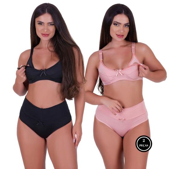 Imagem de Kit 2 Conjunto de Pós Parto Sutiã de Amamentação e Calcinha Cós Alto -c15 KIT 2 JOLIE PRETO E ROSA