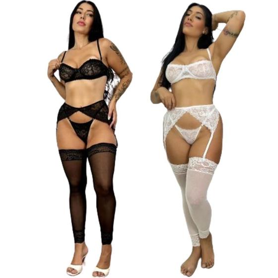 Imagem de Kit 2 Conjunto Feminino Cinta Liga Meia Calça De Perna Lingerie Fantasia De Renda Completo