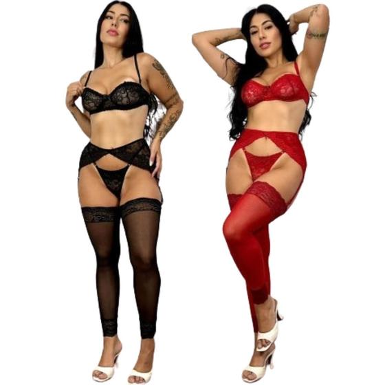 Imagem de Kit 2 Conjunto Lingerie Cinta Liga Feminino De Renda Completo Meia Calça De Perna Fantasia