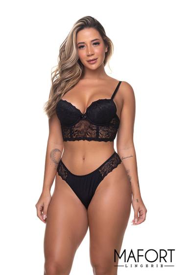 Imagem de Kit 2 Conjunto Lingerie Cropped Renda Sutiã Calcinha Fio Dental Duplo Moda Intima Feminino Atacado Blogueira Super Luxo