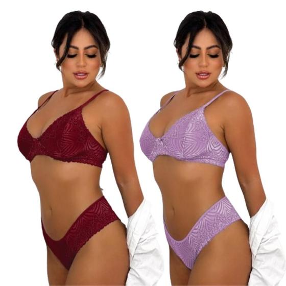 Imagem de Kit 2 Conjunto Rendado Calcinha E Sutiã Moda Íntima Feminino Sem Bojo Com Arco Linha Noite Lingerie
