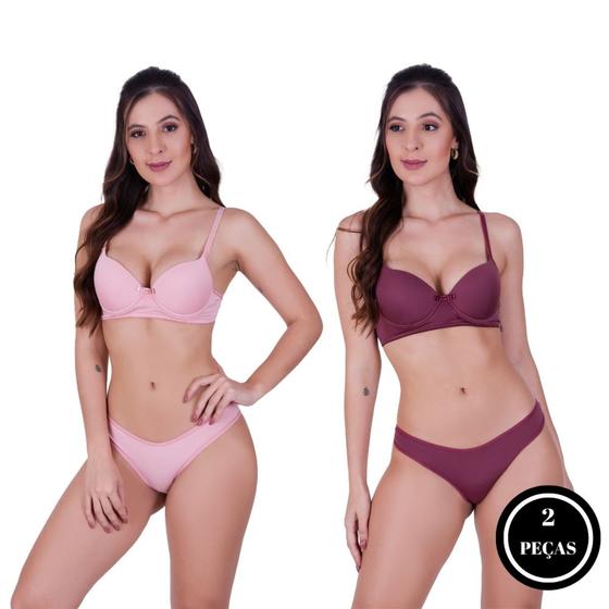 Imagem de Kit 2 Conjunto Sutiã com Bojo Calcinha Liso - c3 KIT 2 CONJUNTO BÁSICO ROSA E BORDO
